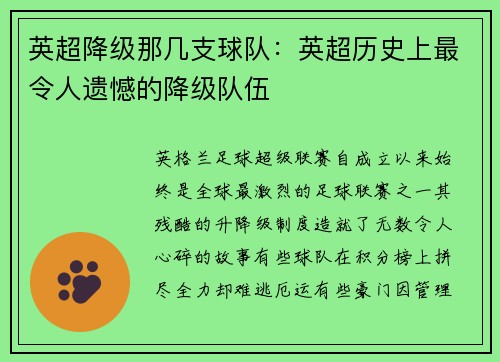 英超降级那几支球队：英超历史上最令人遗憾的降级队伍