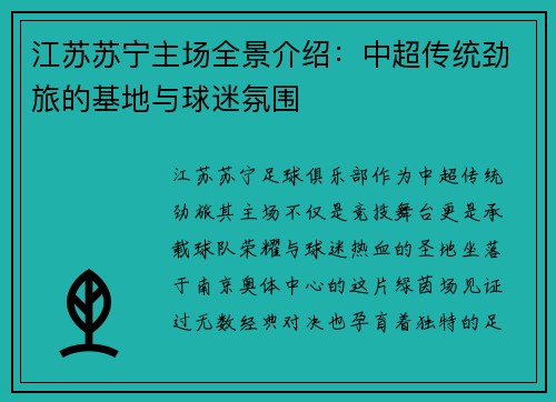 江苏苏宁主场全景介绍：中超传统劲旅的基地与球迷氛围