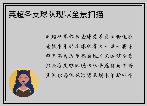 英超各支球队现状全景扫描